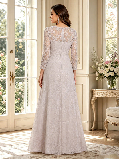 Ligne A/Princesse Col en V Manches Longues Longueur du sol Robes Mère de la Mariée avec Ruchée & Dentelle