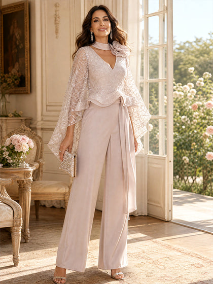 Combinaison Col en V Manches Flottantes Longueur du sol Robes Mère de la Mariée avec Dentelle & 3D Florale