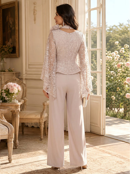 Combinaison Col en V Manches Flottantes Longueur du sol Robes Mère de la Mariée avec Dentelle & 3D Florale