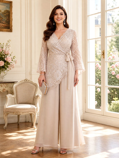 Combinaison Col en V Manches Longues Longueur du sol Robes Mère de la Mariée avec Dentelle & Noeud Papillon