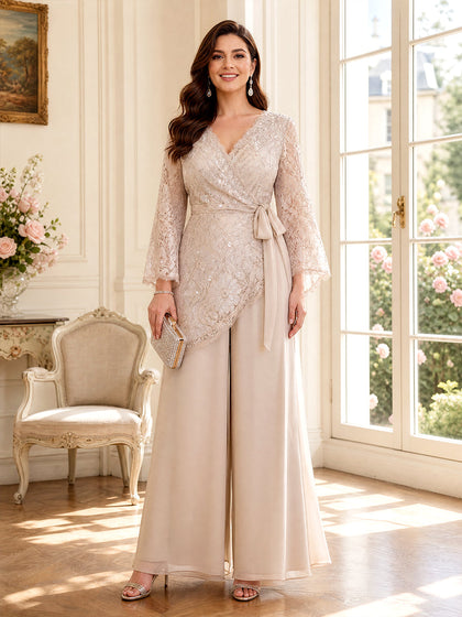Combinaison Col en V Manches Longues Longueur du sol Robes Mère de la Mariée avec Dentelle & Noeud Papillon