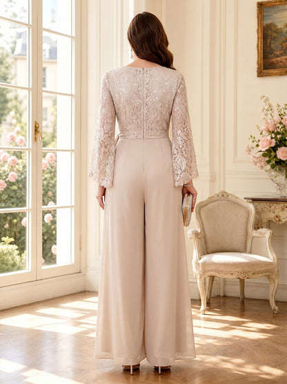 Combinaison Col en V Manches Longues Longueur du sol Robes Mère de la Mariée avec Dentelle & Noeud Papillon