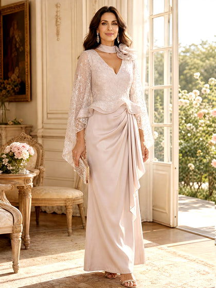 Gaine/Colonne Col en V Manches Flottantes Longueur du sol Robes Mère de la Mariée avec Dentelle & Volants
