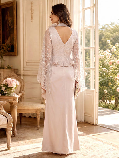 Gaine/Colonne Col en V Manches Flottantes Longueur du sol Robes Mère de la Mariée avec Dentelle & Volants