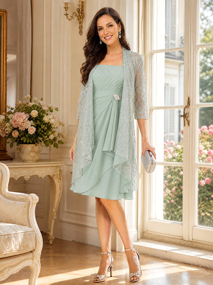 Ligne A/Princesse Col Carré 3/4 Manches Longueur Genou Robes Mère de la Mariée avec Veste & Volants