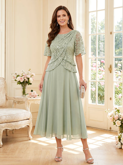 Robes Mère de la Mariée Ligne A/Princesse Longueur Thé, Col Rond, Demi-manches avec Dentelle & Volants