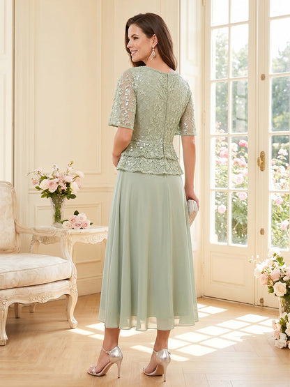 Robes Mère de la Mariée Ligne A/Princesse Longueur Thé, Col Rond, Demi-manches avec Dentelle & Volants