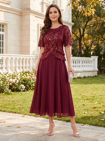 Robes pour mère de la mariée (style trapèze/princesse) en mousseline, encolure arrondie, mi-manches, longueur mi-mollet, avec dentelle et volants