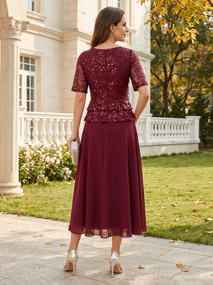 Robes pour mère de la mariée (style trapèze/princesse) en mousseline, encolure arrondie, mi-manches, longueur mi-mollet, avec dentelle et volants