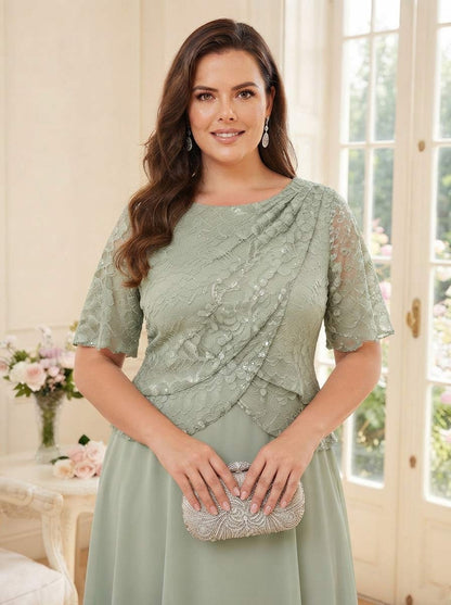 Robe de Mère de la Mariée Grande Taille Coupe A-Line/Princesse à Col Rond, Demi-manches, Longueur Thé avec Dentelle & Volants