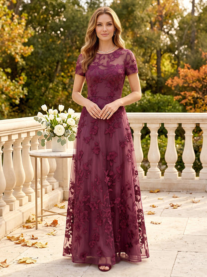 Robes pour mère de la mariée (style trapèze/princesse) encolure arrondie, manches courtes, longueur au sol, avec dentelle et applications