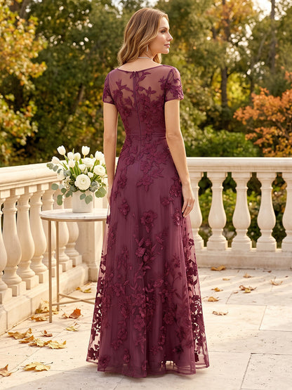 Robes pour mère de la mariée (style trapèze/princesse) encolure arrondie, manches courtes, longueur au sol, avec dentelle et applications