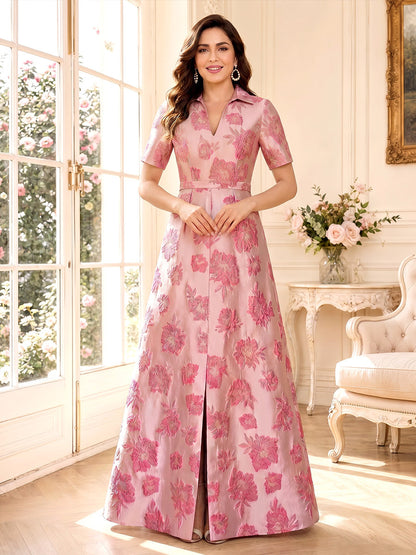 Robes Mère de la Mariée Ligne A/Princesse à Col Chemise, Manches Courtes, Longueur Sol avec Ruchés
