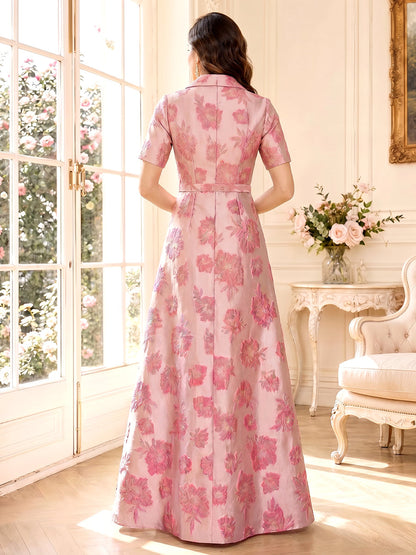 Robes Mère de la Mariée Ligne A/Princesse à Col Chemise, Manches Courtes, Longueur Sol avec Ruchés