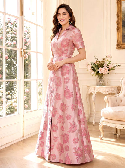 Robes Mère de la Mariée Ligne A/Princesse à Col Chemise, Manches Courtes, Longueur Sol avec Ruchés