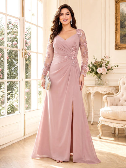 Robes Mère de la Mariée Ligne A/Princesse à Col en V, Manches Longues, Longueur Sol avec Fente Latérale & Appliques
