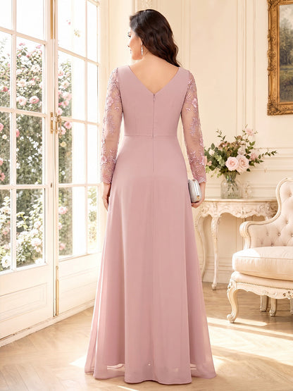 Ligne A/Princesse Col en V Manches Longues Longueur du sol Robes Mère de la Mariée avec Côté Divisé & Appliqué