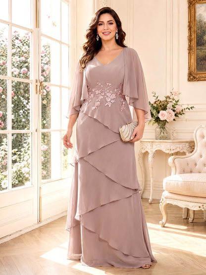 Robes Mère de la Mariée Ligne A/Princesse à Col en V, Manches 3/4, Longueur Sol avec Volants & Appliques