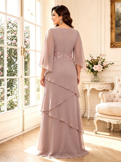 Robes Mère de la Mariée Ligne A/Princesse à Col en V, Manches 3/4, Longueur Sol avec Volants & Appliques