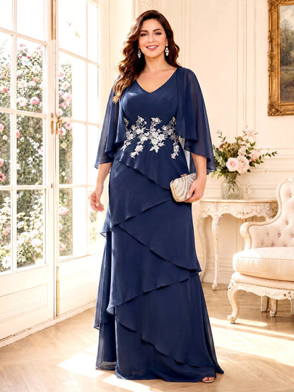 Robes Mère de la Mariée Ligne A/Princesse à Col en V, Manches 3/4, Longueur Sol avec Volants & Appliques