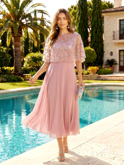 Robe Mère de la Mariée Midi A-Line à Encolure Arrondie et Manches au Coude avec Paillettes et Broderie