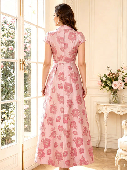 Robe Mère de la Mariée Longueur Cheville A-Line à Col Chemise et Manches Courtes avec Fronces
