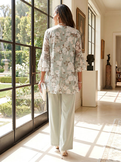Ensemble 3 Pièces Mère de la Mariée avec Combinaison Col Rond à Manches 3/4, Veste et Motif Floral Longueur Sol