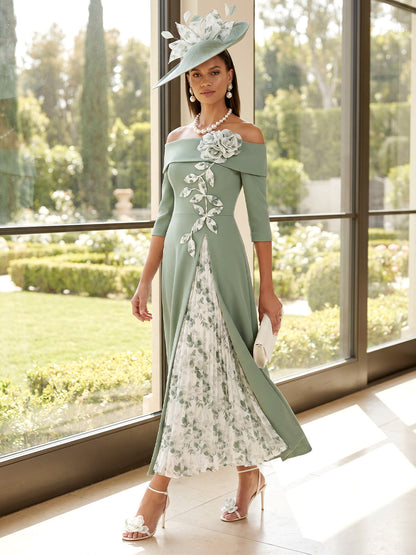 Robe Mère de la Mariée Trapèze/Princesse À Épaules Dénudées à Manches 3/4 Longueur Cheville avec Motif Floral en 3D et Plis