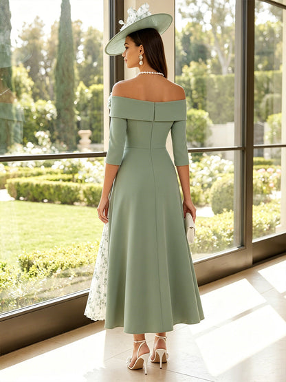 Robe Mère de la Mariée Trapèze/Princesse À Épaules Dénudées à Manches 3/4 Longueur Cheville avec Motif Floral en 3D et Plis