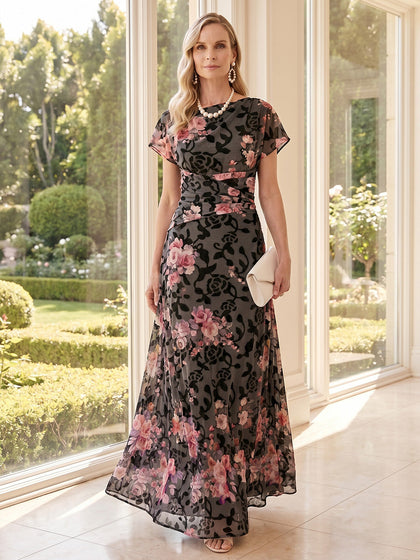 Robe Mère de la Mariée Trapèze/Princesse Encolure Arrondie à Manches Courtes Longueur Sol à Fronces