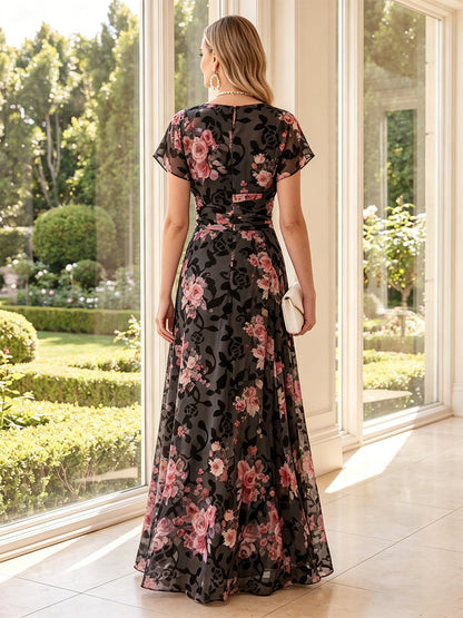 Robe Mère de la Mariée Trapèze/Princesse Encolure Arrondie à Manches Courtes Longueur Sol à Fronces
