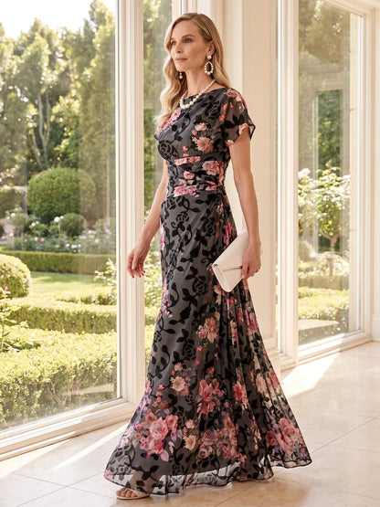 Robe Mère de la Mariée Trapèze/Princesse Encolure Arrondie à Manches Courtes Longueur Sol à Fronces