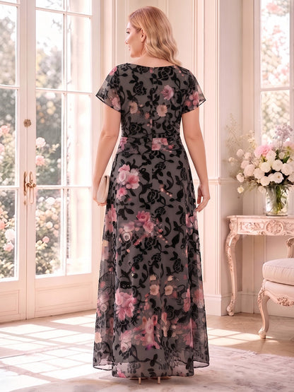 Robe trapèze/princesse en mousseline grande taille pour mère de la mariée : encolure ronde, manches mi-longues, longueur au sol, avec drapé