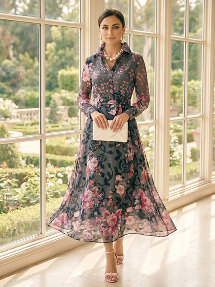 Robe Mère de la Mariée Trapèze/Princesse Col Chemise à Manches Longues Longueur Mi-mollet avec Nœud et Motif Floral