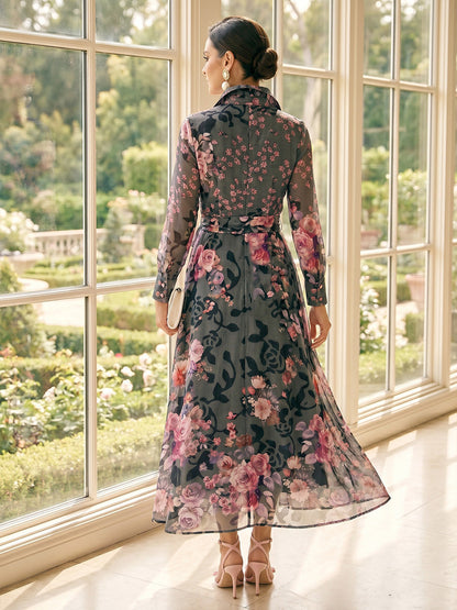 Robe Mère de la Mariée Trapèze/Princesse Col Chemise à Manches Longues Longueur Mi-mollet avec Nœud et Motif Floral