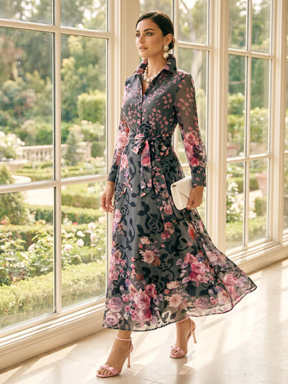 Robe Mère de la Mariée Trapèze/Princesse Col Chemise à Manches Longues Longueur Mi-mollet avec Nœud et Motif Floral