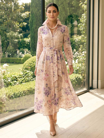 Robe Mère de la Mariée Trapèze/Princesse Col Chemise à Manches Longues Longueur Mi-mollet avec Nœud et Imprimé Floral