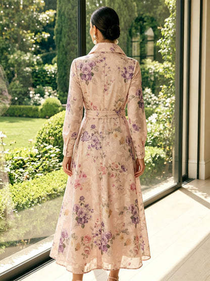 Robe Mère de la Mariée Trapèze/Princesse Col Chemise à Manches Longues Longueur Mi-mollet avec Nœud et Imprimé Floral
