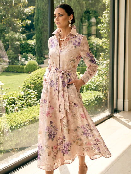 Robe Mère de la Mariée Trapèze/Princesse Col Chemise à Manches Longues Longueur Mi-mollet avec Nœud et Imprimé Floral