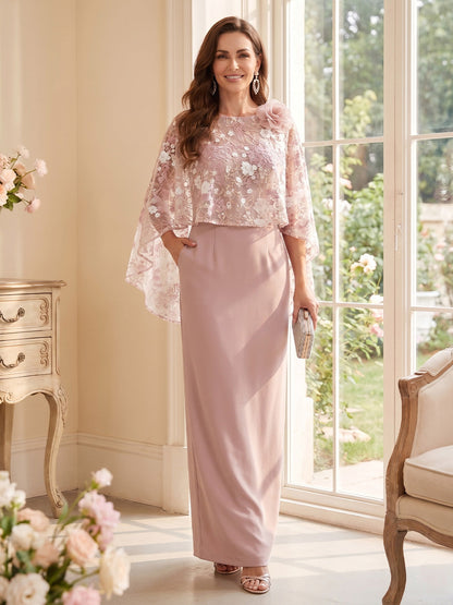 Robe Mère de la Mariée Gaine/Colonne Col Rond à Manches 3/4 Longueur Sol avec Fleurs 3D et Cape
