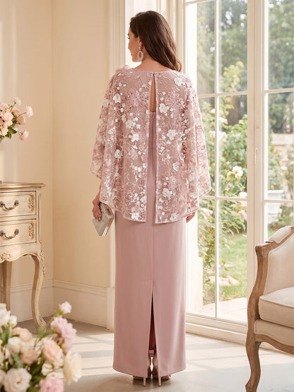 Robe Mère de la Mariée Gaine/Colonne Col Rond à Manches 3/4 Longueur Sol avec Fleurs 3D et Cape