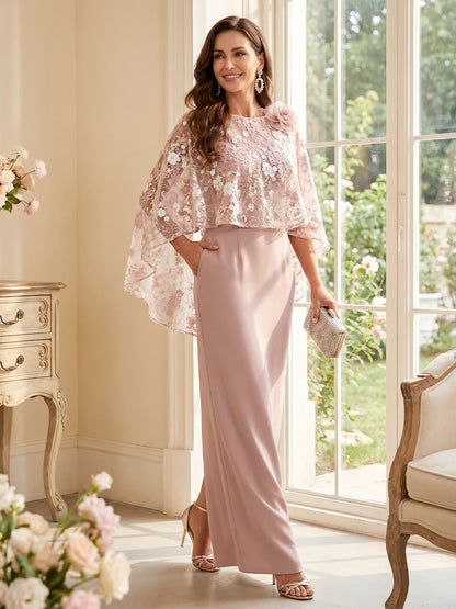 Robe Mère de la Mariée Gaine/Colonne Col Rond à Manches 3/4 Longueur Sol avec Fleurs 3D et Cape