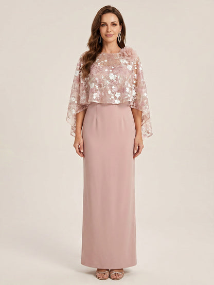 Robe Mère de la Mariée Gaine/Colonne Col Rond à Manches 3/4 Longueur Sol avec Fleurs 3D et Cape