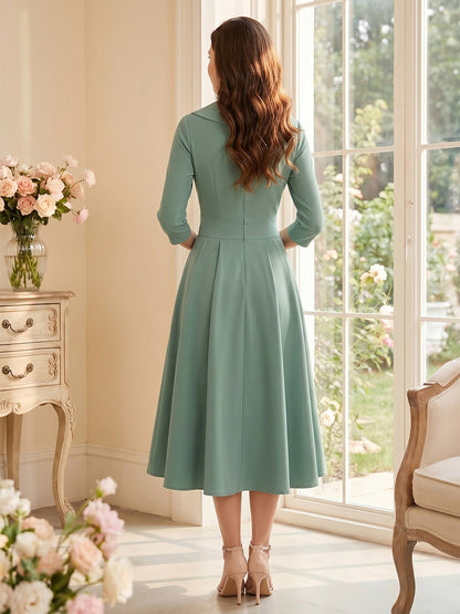 Robe Mère de la Mariée Ligne A/Princesse Col en V à Manches 3/4 Longueur Thé avec Plis
