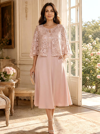 Robe Mère de la Mariée Ligne A/Princesse Col Rond à Manches 3/4 Longueur Thé avec Appliqués