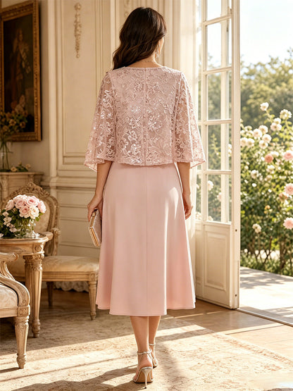 Robe Mère de la Mariée Ligne A/Princesse Col Rond à Manches 3/4 Longueur Thé avec Appliqués