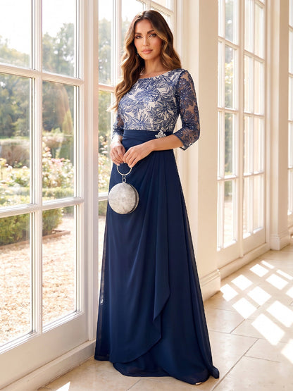 Robe Mère de la Mariée Ligne A/Princesse Col Rond à Manches 3/4 Longueur Sol avec Appliqués et Strass
