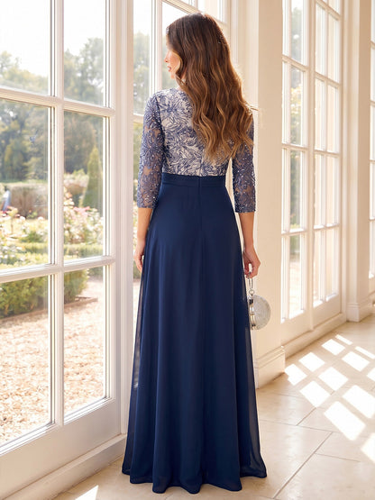 Robe Mère de la Mariée Ligne A/Princesse Col Rond à Manches 3/4 Longueur Sol avec Appliqués et Strass