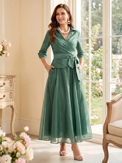 Robe Mère de la Mariée Ligne A/Princesse Col en V à Manches 3/4 Longueur Cheville avec Nœud Papillon