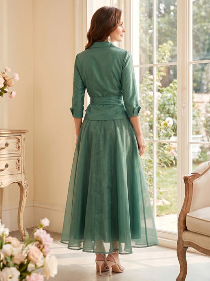 Robe Mère de la Mariée Ligne A/Princesse Col en V à Manches 3/4 Longueur Cheville avec Nœud Papillon